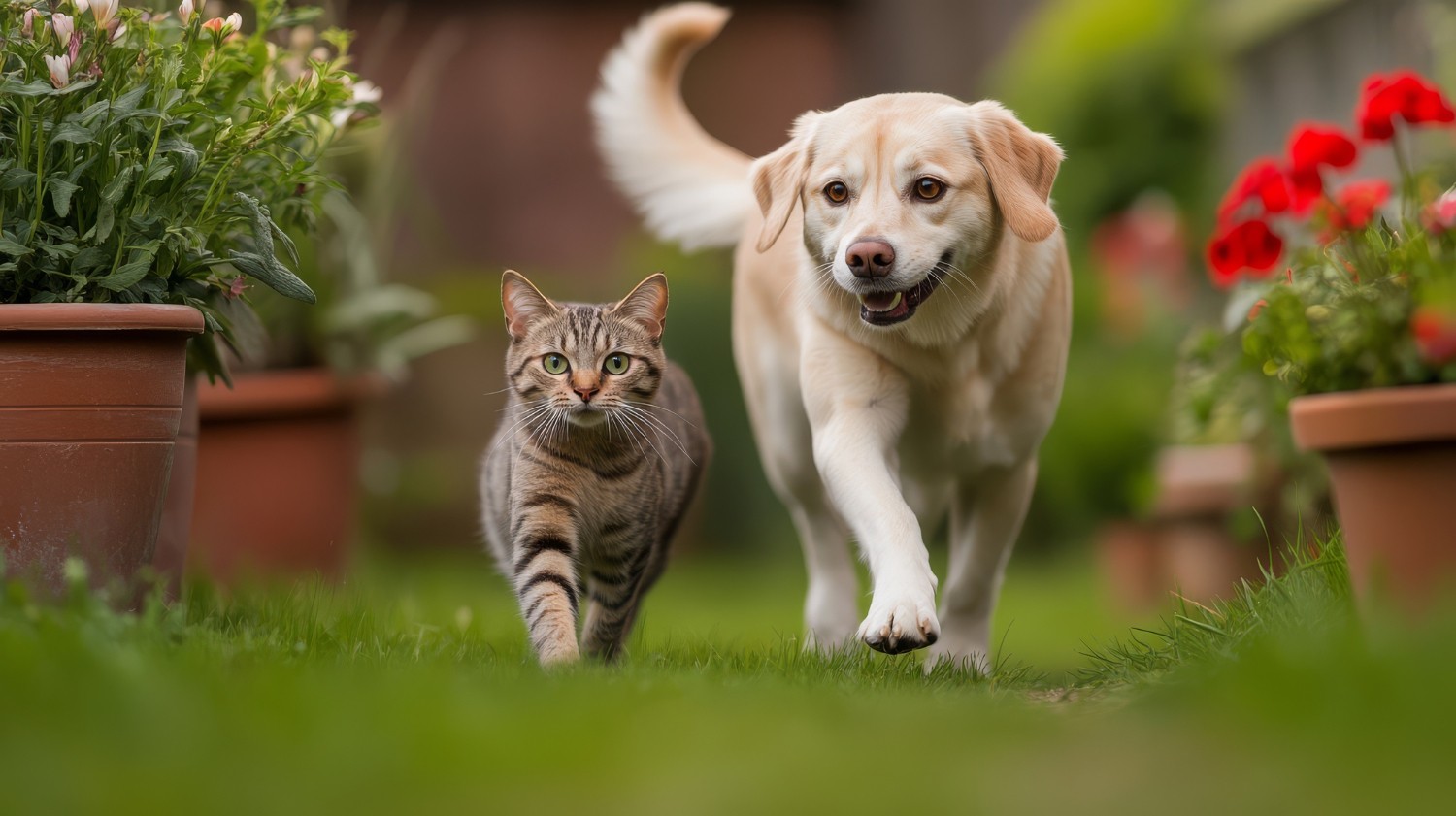 Cachorro e gato em ambiente ao ar livre